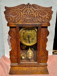 New Haven Clock Co. Pressed Oak Kitchen Shelf Clock, With Time, Gong Strike And Alarm On A Bell, 24' Ht
