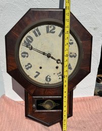 Small Schoolhouse Clock In A Crotch Veneered Case And Reverse Painted Tablet In Door, Dial Redone, 22' Ht