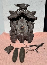 Vintage Black Forest Cuckoo And Bird And Leaf Crest, And Side Carved Bird, 25' Ht