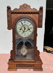Waterbury Clock Co. Kitchen Parloer Cherry Clock With Unusual Pendulum, 20' Ht