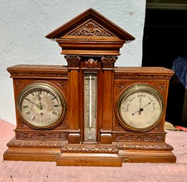 Finely Carved Mahogany Architectural Form Clock, Barometer, Thermometer Weather Station, Beautiful Case, 18' L