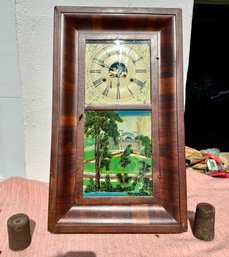 Wm L. Gilbert Crotch Mahogany OG Moulding 2 Weight Shelf Clock, With Nice Tablet, 26' Ht
