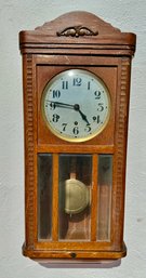 German Oak With Ripple Trim Case Westminster Chime Hanging Wall Clock, Circa 1920's, 30' Ht