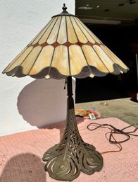 Cone Shaped Leaded Glass Table Lamp With Very Intricate Cast Metal Base, 27' Ht