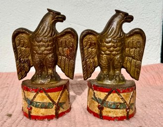 Vintage Pair Of Painted Cast Iron Eagle Bookends Standing On A Drum Base, 8' Ht