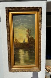 Late 19th C Painting, Oil/canvas Landscape With A Tall Steeple Building And Trees, App 3' Ht