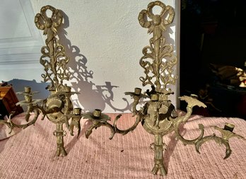 Pair Of Fancy Cast Brass E Candle Wall Sconces, 24' Ht, 20' Wd