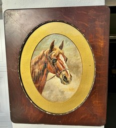 Circular Horse Hand Painted Artwork With In A Vintage Square Oak 24' X24' Frame