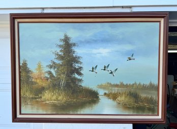 Oil/canvas, 'Four Flying Ducks In Air Over A Marsh', Signed Antonio, 24'x36'