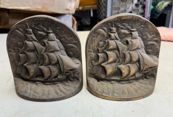 Vintage Pair Of Heavy Solid Brass Old Ironsides Ship Bookends