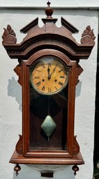 New Haven Clock Co. Walnut Wall Clock W/8 Day Time And Strike On Gong Movement, 34' Ht