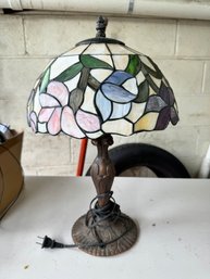 Reproduction Leaded Glass Table Lamp On Matching Metal Base, App. 18' Tall