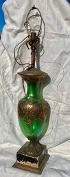 Large Square Base Lamp With Green Font And Fancy Brass Hardware