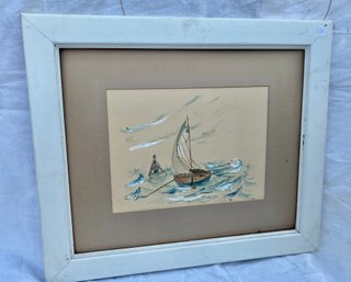 C2BT1 Watercolor, 'Ocean Sailing', Sgd 'ALTERIO',  In Painted White Oak 26'X29' Frame