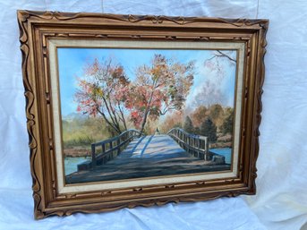 C2BT3 Painting, Oil/canvas, 'Old Fashioned Wood Bridge Crossed To Tree' Sgd Priscilla Larson (?), 1975, 26'x32