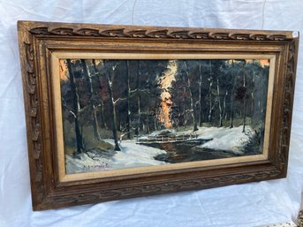 C2S21?  Painting, Oil/canvas, 'Bridge In The Snow', Sgd Janson, 16'x32' Stretcher Size, Ca 1950s-60s