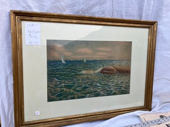 C2BT7 Pastel/Crayon, 'Seascape With Boats And Rocks', Sgd 'TB - 12', In 22'x30' Frame