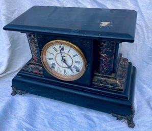 Black Wood Simulagted To Look Like Marble 8 Day Mantle Clock With Red Accent Column, 20' Long