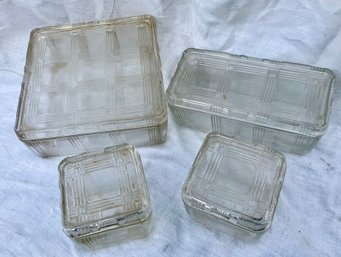 Vintage Depression Glass Fridge Boxes Set, Criss-cross Refrigerator Dishes For Leftovers