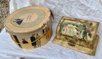Ladies Hat Box And Celluloid Cuff Box With Decorated Lid