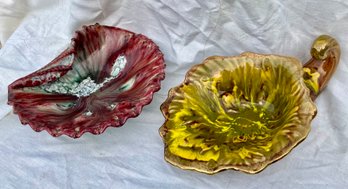 2 Shell Form Ceramic Trays, One Puble With Rollover Rim The Other Cornucopia Shell