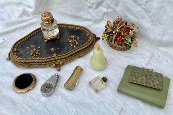 Lot Of Ladies Dressing Table Items Incl And Interesting Inkstand With Raised Feet & Ormolu, Perfumes, Etc