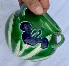Antique Awaji Japanese Apple Green Majolica Pottery Three Handle Vase W/stylizied Tulip, 6' Ht