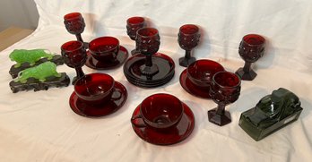 Small Lot Of Red Glassware And 2 Hong Kong Decor Plastic Lions On Stands