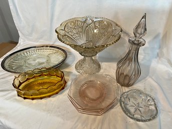 Lot Of Depression Era Glass Incl A Pressed Glass Punch Bowl, Plates, Serving Tray And Decanter, Etc