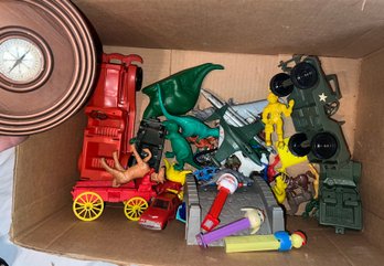Box Lot Of Misc Plastic Toys, Cowboys, Jeeps, Pez Incl A Chick In Egg W/no Feet, Etc