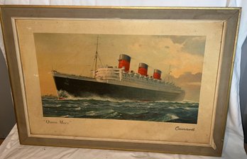 P-2 CUNARD QUEEN MARY OCEAN LINER ADVERTISING LITHOGRAPH PRINT IN ORIG FRAME, 23'x33'