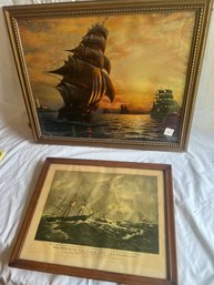 T-4 Lot Of 2 Ship Prints, One In 16'x20' Frame, Other 12'x15' Frame
