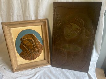 T-6 Lot Of 2 Decorative Metal Bas Relief Plaques, One In 19'x11 Frame, Other In 15'x11' Frame