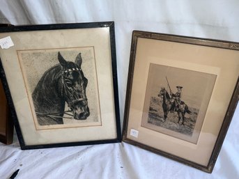 O-5 LOT Of 2 Horse Related Prints Incl 'Bust', 12'X15' Frame And 'Colonial Man On Horseback', 11'x14' Frame