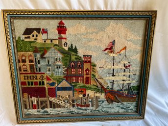 T-16 Colonial Seaport 3d Needlework Nicely Framed 19'x22' Dated 1976