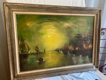Oil/Canvas,  'Colonial Ship In A Harbor' , In A Daft Wood Grey Colored Frame.32'x43' Frame