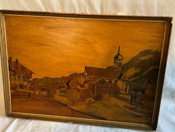 T2-1 Sorrento Italy Inlaid Village Scene In A Simple Gold Frame, 14'x20'