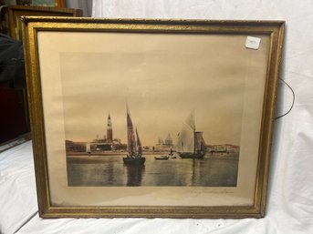 Hand Colored Print, 'A.long Venetian Shores, In A 23'x20 Frame