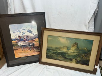T2-13 Lot Of 2 Prints,One Elk And The Other Seascape, Both In Frames