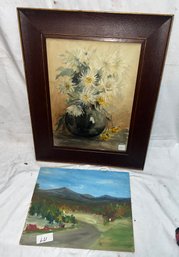 T2-14 Lot Of 2 Still Life, Open Watercolor 21'x17' & A Small Oil Landscape 11'x14' Unframed