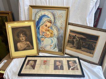 Box Lot Of 4 Religious Themed Art Incl Needlepoint Mary And Jesus, And 4 Phot Incl JFK And Pope, Etc