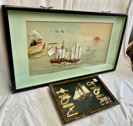 P-46 Lot Of 2 Nautical Diorama Shadow Boxes,  Chinese Boats 16'x28', Knots 10'x13'
