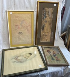 Lot Of 4 Child Art Incl Heavenly Gift Baby, Young Girl In A Dress, Girl W/bird House,  Child Faces Drawing