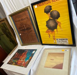 Lot Of 4 Decor Art Incl French Adv Print, Regatta Souvenir, Aerial Photo, San Francisco Chinatown Print Matted