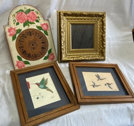 Lot Of 4 House Decor Items Incl Small Mirror, Clock Dial, And 2 Small Bird Prints