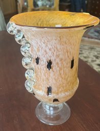 Mid Century Murano Speckled Gold W/Spots Vase W/Pedestal Foot And Loop Accent Handles, 9 12' Ht.