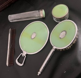Art Deco 5 Piece Green Dressing Vanity Set Incl Mirror, Brush, Hat Pin Holder,  Covered Small Jar, & Comb