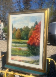 C2S9 Large Oil Painting Under Glass, Titled 'Park Trail III', In A Gold Finish Frame