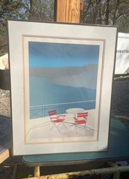 C2S11 Signed Litho, 'Hotel', Pencil Sgd Quentin Kim, 32'x25', Modern Beach With 2 Red Chairs