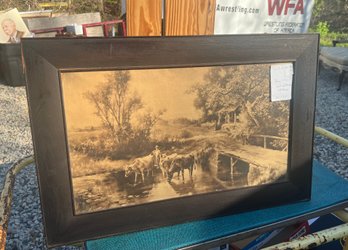 C2OS6 19th C. Sepia Litho, 'Cows And Farmer At The Watering Hole' In 20'x30' Vintage Frame